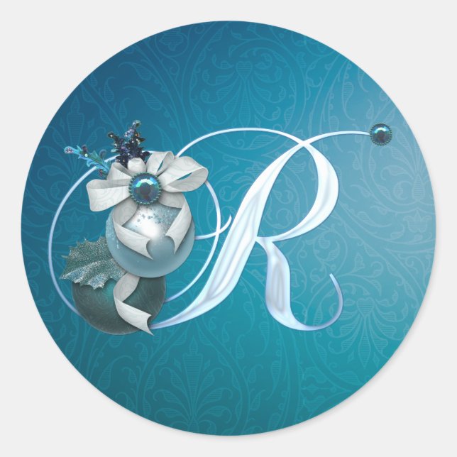Rond Sticker de Noël Monogramme R Turquoise Ornement (Devant)