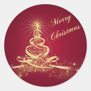 Rond Sticker de Noël Rouge, Arbre Lumière Or Joyeux