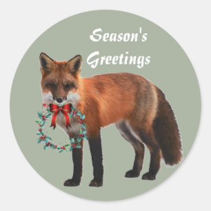 Rond Sticker de Noël Rustique Fox Round, brillant