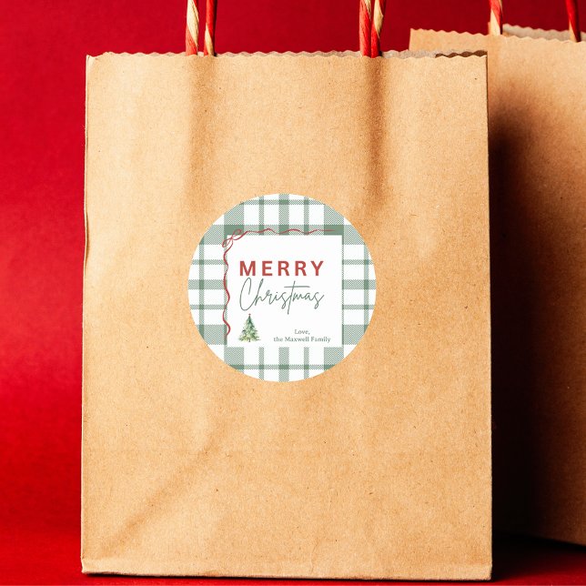 Rond Sticker de Noël rustique vert plaid (Rustic Green Plaid Merry Christmas Sticker
)