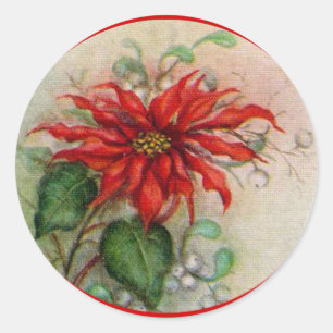 Rond Sticker de Noël vintage à fleurs Poinsettia