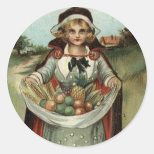 Rond Sticker de Thanksgiving Vintage Lady Pilgrim
