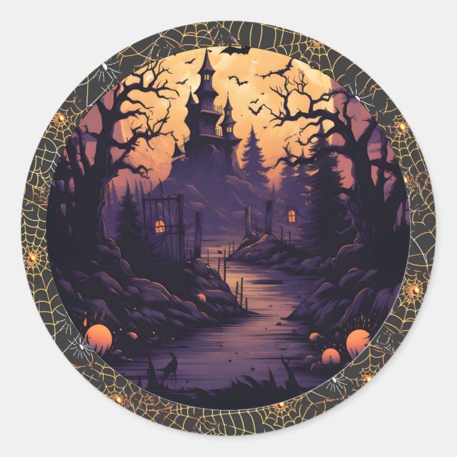 Rond Sticker éffrayant Haunted Castle Halloween Round (Devant)