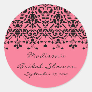 Rond Sticker Elegant Rose & Black Damask Bride