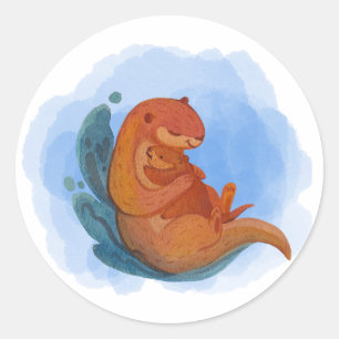 Rond Sticker en aquarelle Mama et Baby Otter