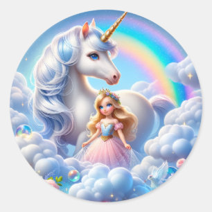 Rond Sticker en arc-en-ciel Unicorn Princess, Pastel Fa