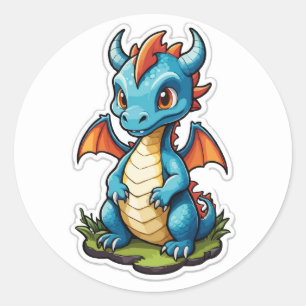 Rond Sticker en dessin de dragon bleu - Art d'Imaginair
