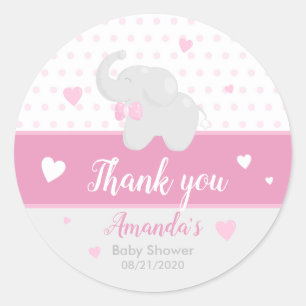 Rond Sticker en Merci Baby shower rose éléphant