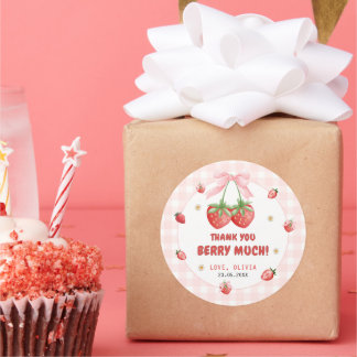 Rond Sticker en Merci d'anniversaire En vichy fraise ro