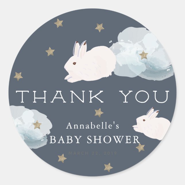 Rond Sticker en Merci de Baby shower Bunny volant (Devant)