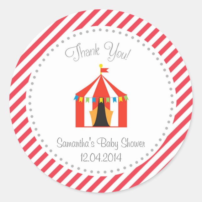Rond Sticker en Merci de Baby shower Tente Circus rouge (Devant)