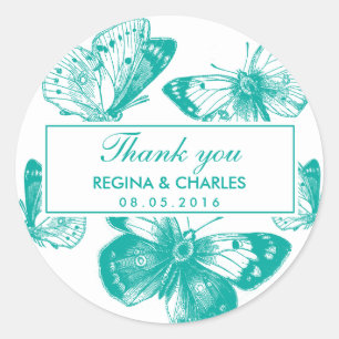 Rond Sticker en Merci de Mariage de papillon bleu vinta