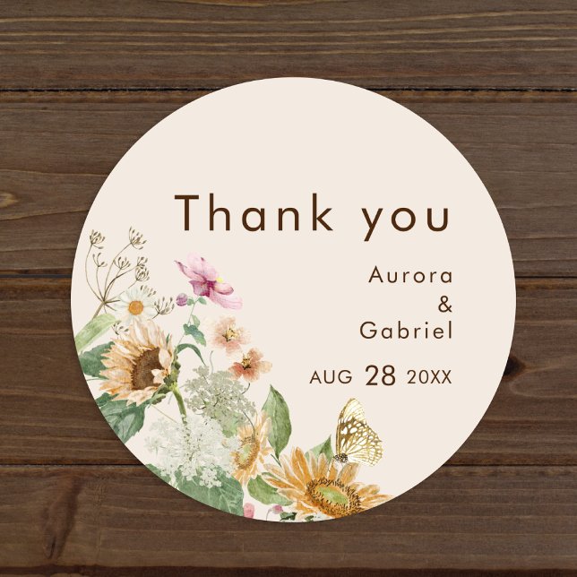 Rond Sticker en Merci Mariage beige tournesol rustique (Créateur téléchargé)