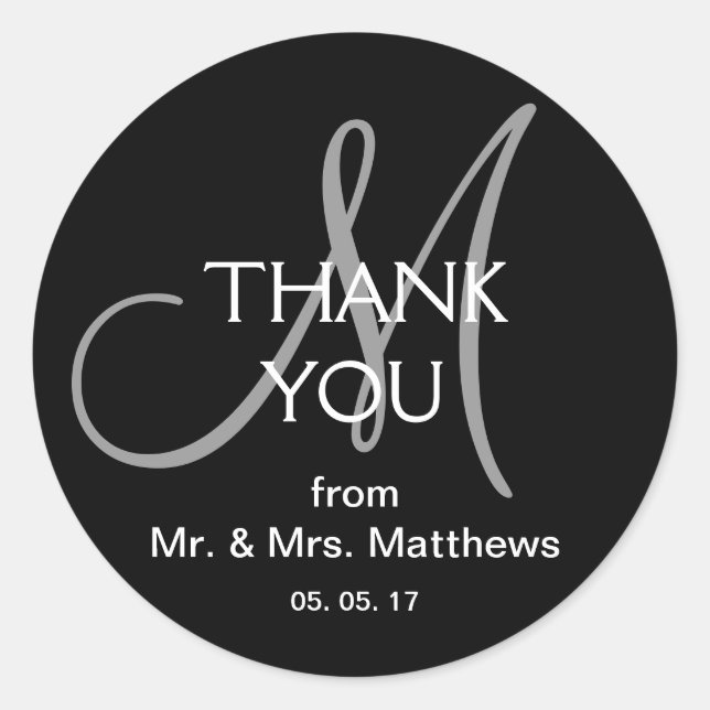 Rond Sticker en Merci Mariage moderne gris noir (Devant)