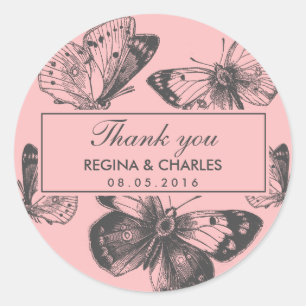 Rond Sticker en Merci Mariage papillon rose vintage