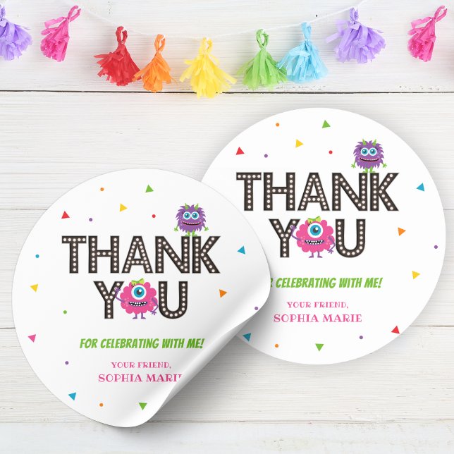 Rond Sticker en Merci rose monstre (Pink Monster Thank You Sticker)