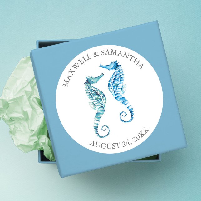 Rond Sticker Envelope Seal, Mariage Blue Seahorse Beach (wedding stickers for favors unique watercolor seahorse art by Victoria Grigaliunas)