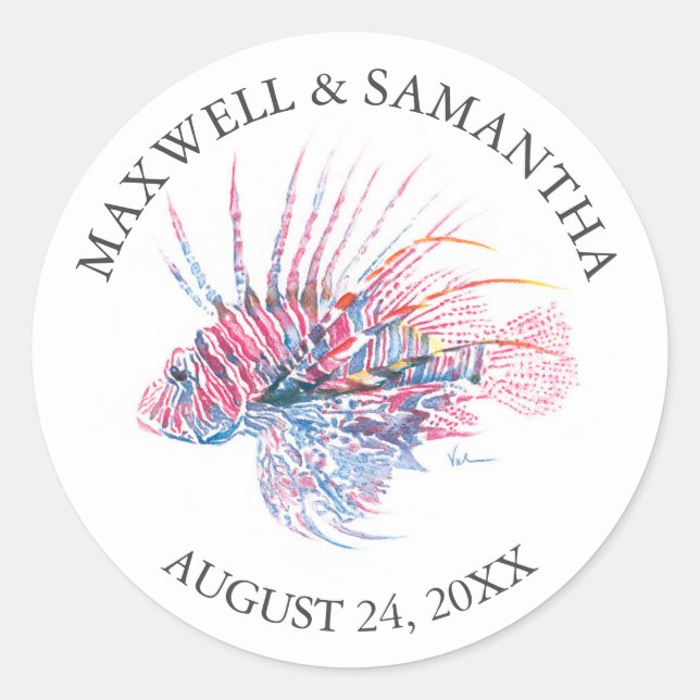 Rond Sticker Envelope Seal, Mariage Plage Lionfish (Devant)