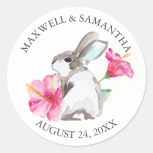 Rond Sticker Enveloppe, Lapin Rose Floral