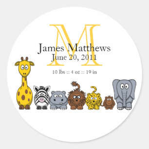 Rond Sticker Faire-part de naissance garçon Jungle Anim