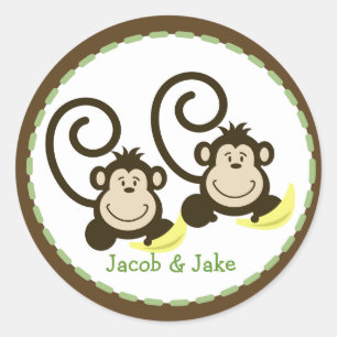 Rond Sticker Faveur Twin Monkeys Round