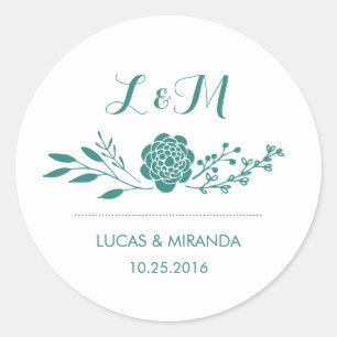 Rond Sticker Favor Fleur turquoise et feuille de couron