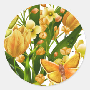 Rond Sticker floral jaune et vert avec papillon