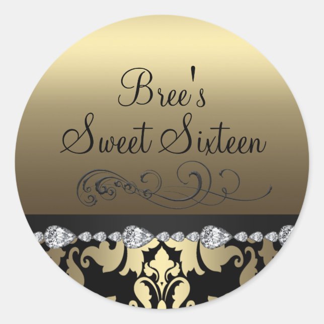 Rond Sticker Gold Damask & Diamond Sweet 16 (Devant)