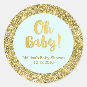 Rond Sticker Gold Sky Blue Baby shower Oh Baby Favor