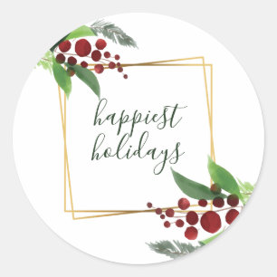 Rond Sticker Holly Branches Happest Holidays