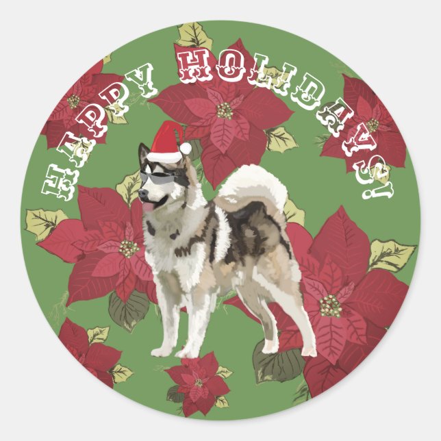 Rond Sticker Joyeux, Husky, Fleurs (Devant)