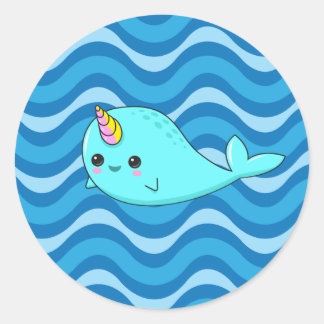 Rond Sticker Kawaii Narwhal Blue Waves