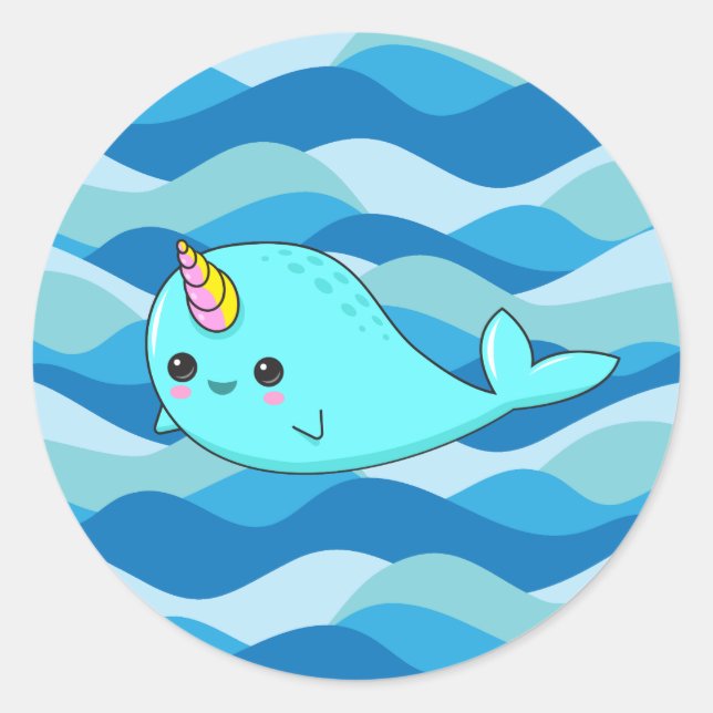 Rond Sticker Kawaii Narwhal sur Blue Waves (Devant)
