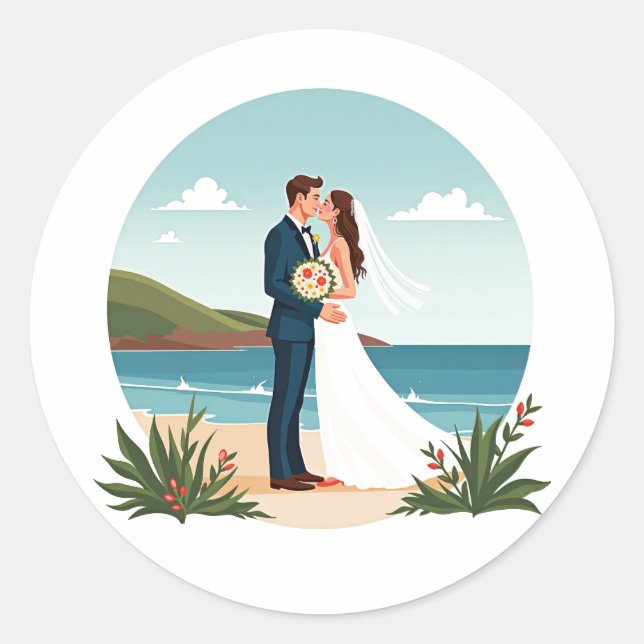 Rond Sticker Kiss Mariage Plage (Devant)