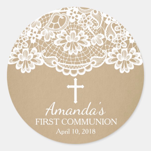 Rond Sticker Kraft Lace First Holy Communion (Devant)