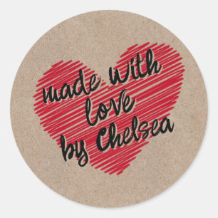 Rond Sticker Kraft Red Sketchy Heart "Fabriqué avec amo