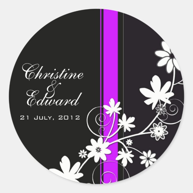 Rond Sticker Mariage à fleurs noir et blanc (Devant)