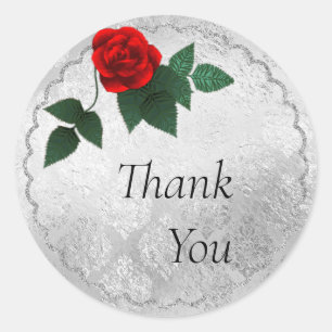 Rond Sticker Mariage argent et rose rouge
