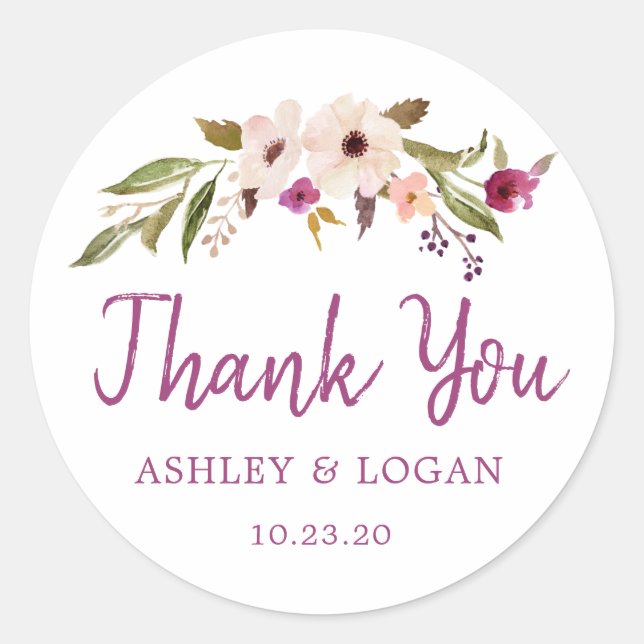 Rond Sticker Mariage Chic Boho Plum Merci Favor (Devant)