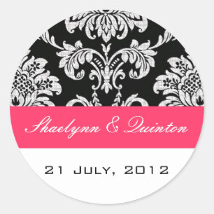 Rond Sticker Mariage damassé Black et Fuchsia