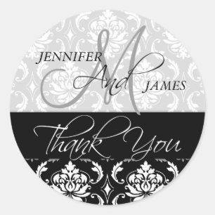 Rond Sticker Mariage damassé Blanc Noir Favoriser Merci