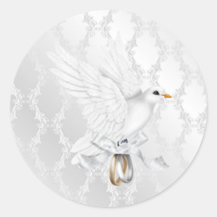 Rond Sticker Mariage damassé en argent avec colombe