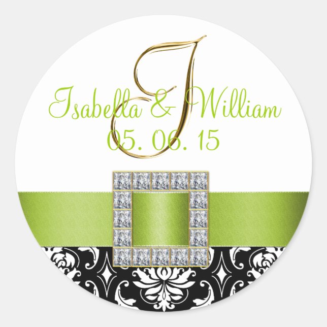 Rond Sticker Mariage damassé noir vert | Initiale (Devant)