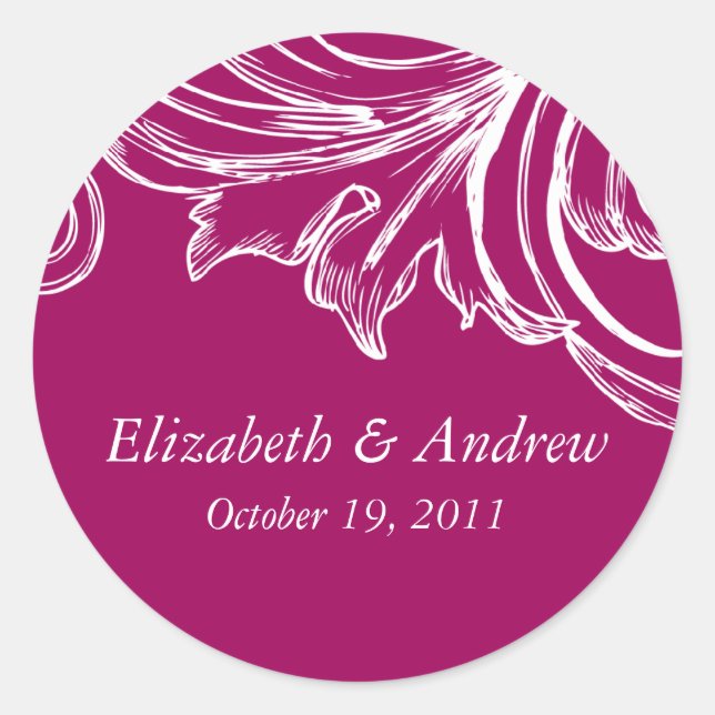 Rond Sticker Mariage damassé vintage RASPBERRY & Blanc (Devant)