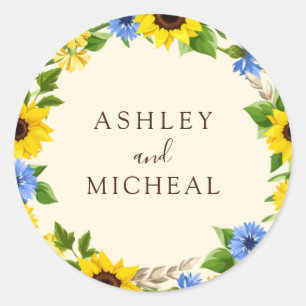 Rond Sticker Mariage de couronne de tournesol rustique 
