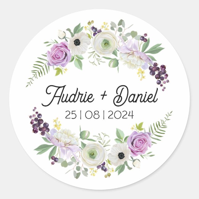 Rond Sticker Mariage de fleurs violettes et vertes (Devant)