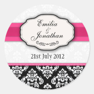 Rond Sticker Mariage de monogramme noir et blanc Damask