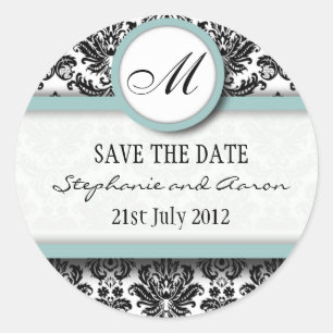 Rond Sticker Mariage de monogramme noir et bleu Damask