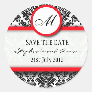 Rond Sticker Mariage de monogramme noir et rouge Damask