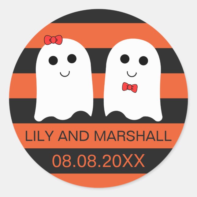 Rond Sticker Mariage d'Halloween Couple Fantôme mignon (Devant)